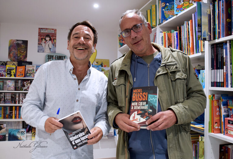 Michel Bussi et Ludovic Bouquin, lors de sa dédicace à la librairie "Aux feuilles volantes" à St Paul les Dax le 11 septembre 2024